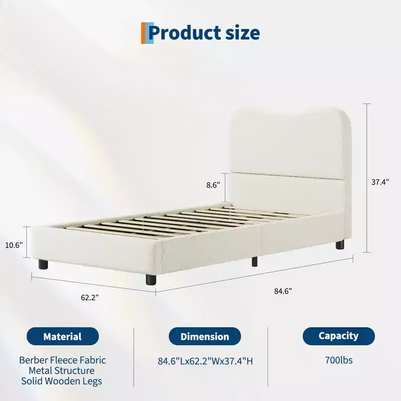 Cadre de lit en tissu avec tête de lit rembourrée, doux et robuste, coins arrondis, durable, lattes en bois, silencieux, matelas sans sommier tapissier requis
