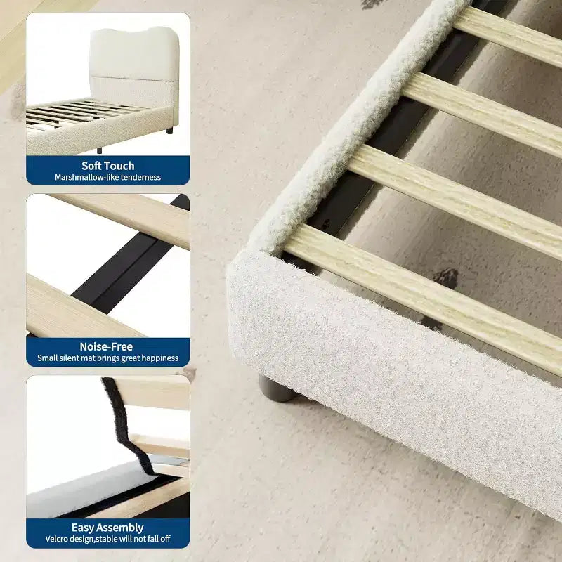 Cadre de lit en tissu avec tête de lit rembourrée, doux et robuste, coins arrondis, durable, lattes en bois, silencieux, matelas sans sommier tapissier requis
