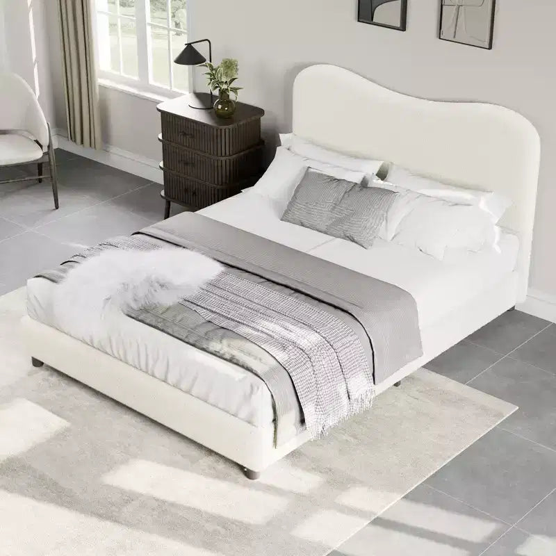 Cadre de lit en tissu avec tête de lit rembourrée, doux et robuste, coins arrondis, durable, lattes en bois, silencieux, matelas sans sommier tapissier requis