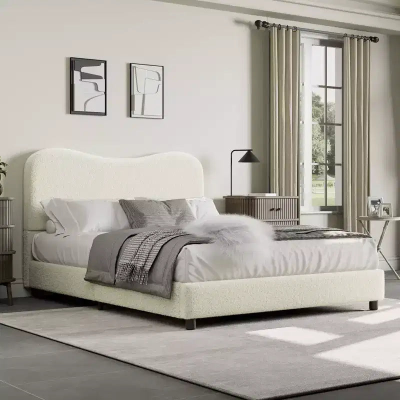 Cadre de lit en tissu avec tête de lit rembourrée, doux et robuste, coins arrondis, durable, lattes en bois, silencieux, matelas sans sommier tapissier requis