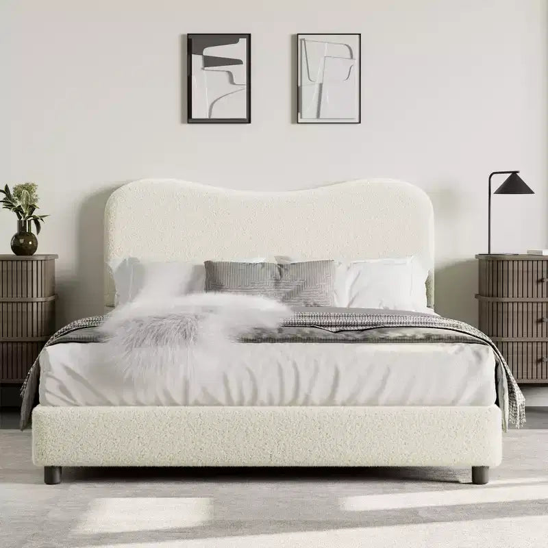 Cadre de lit en tissu avec tête de lit rembourrée, doux et robuste, coins arrondis, durable, lattes en bois, silencieux, matelas sans sommier tapissier requis