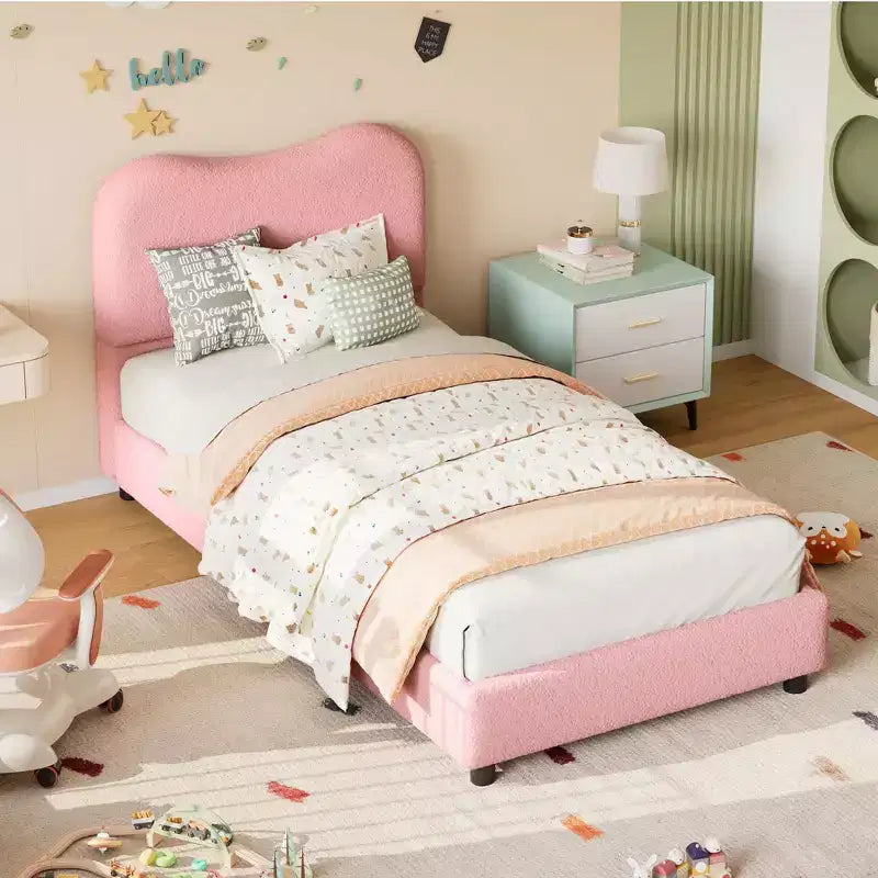 Cadre de lit en tissu avec tête de lit rembourrée, doux et robuste, coins arrondis, durable, lattes en bois, silencieux, matelas sans sommier tapissier requis