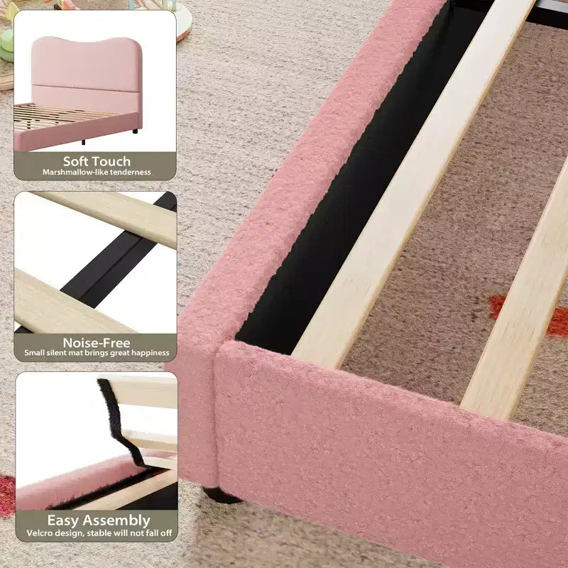 Cadre de lit en tissu avec tête de lit rembourrée, doux et robuste, coins arrondis, durable, lattes en bois, silencieux, matelas sans sommier tapissier requis