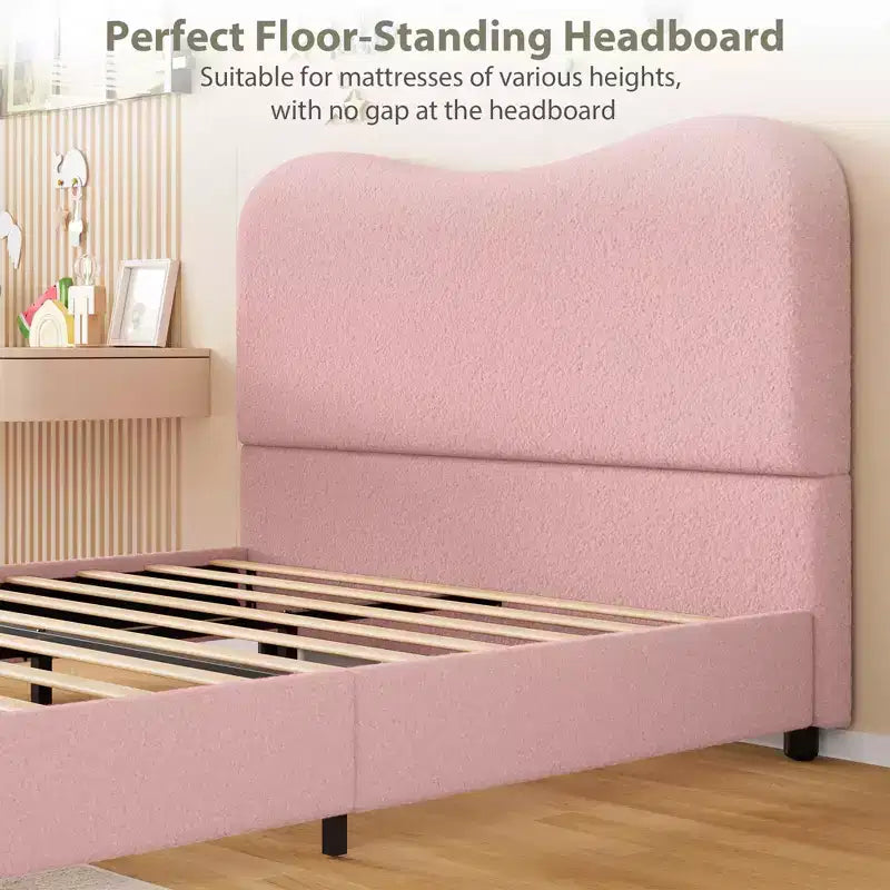 Cadre de lit en tissu avec tête de lit rembourrée, doux et robuste, coins arrondis, durable, lattes en bois, silencieux, matelas sans sommier tapissier requis