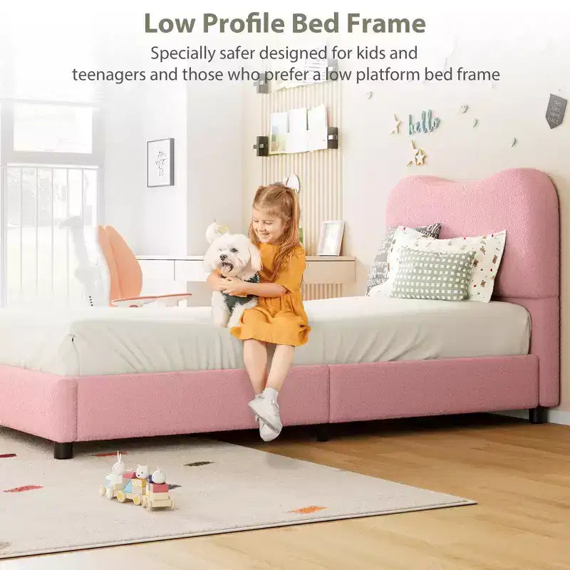 Cadre de lit en tissu avec tête de lit rembourrée, doux et robuste, coins arrondis, durable, lattes en bois, silencieux, matelas sans sommier tapissier requis
