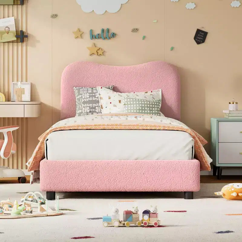 Cadre de lit en tissu avec tête de lit rembourrée, doux et robuste, coins arrondis, durable, lattes en bois, silencieux, matelas sans sommier tapissier requis
