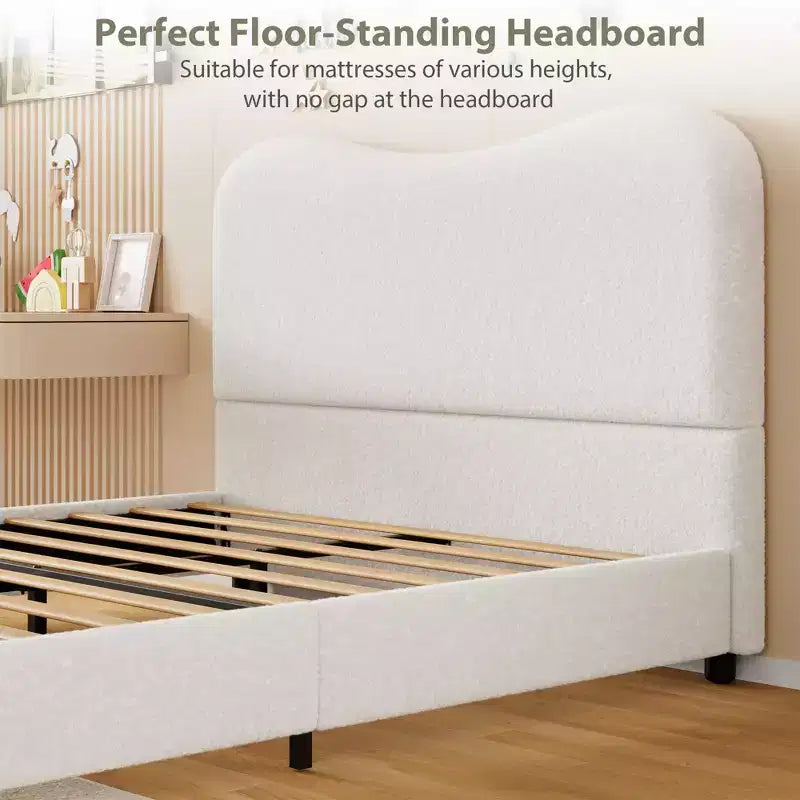 Cadre de lit en tissu avec tête de lit rembourrée, doux et robuste, coins arrondis, durable, lattes en bois, silencieux, matelas sans sommier tapissier requis
