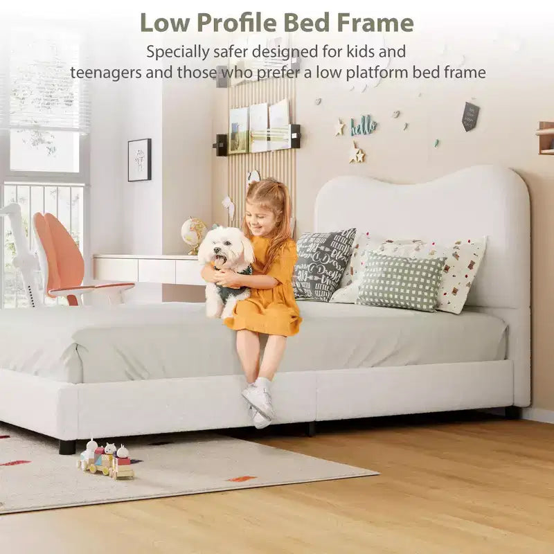 Cadre de lit en tissu avec tête de lit rembourrée, doux et robuste, coins arrondis, durable, lattes en bois, silencieux, matelas sans sommier tapissier requis