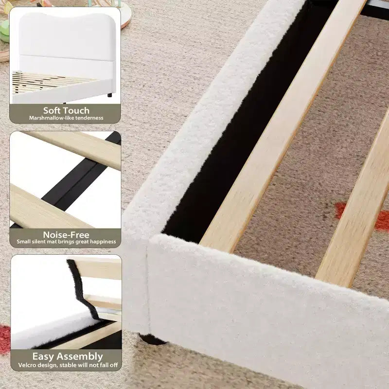 Cadre de lit en tissu avec tête de lit rembourrée, doux et robuste, coins arrondis, durable, lattes en bois, silencieux, matelas sans sommier tapissier requis