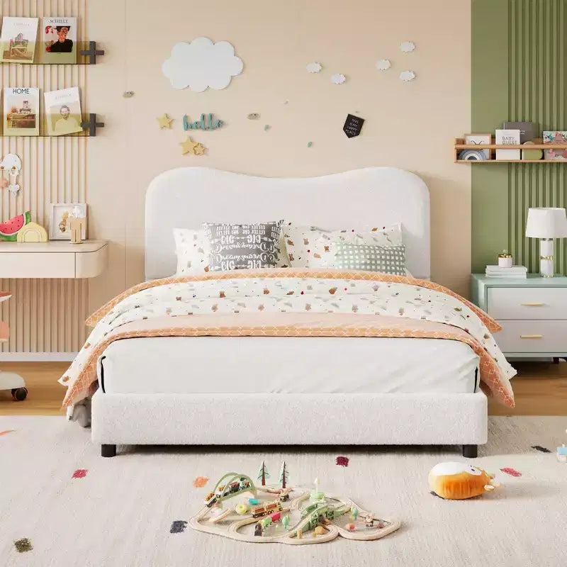 Cadre de lit en tissu avec tête de lit rembourrée, doux et robuste, coins arrondis, durable, lattes en bois, silencieux, matelas sans sommier tapissier requis