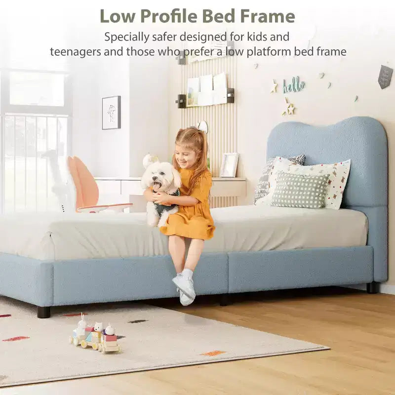 Cadre de lit en tissu avec tête de lit rembourrée, doux et robuste, coins arrondis, durable, lattes en bois, silencieux, matelas sans sommier tapissier requis