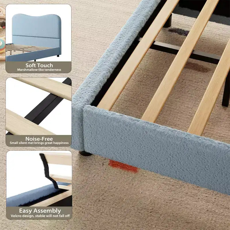 Cadre de lit en tissu avec tête de lit rembourrée, doux et robuste, coins arrondis, durable, lattes en bois, silencieux, matelas sans sommier tapissier requis