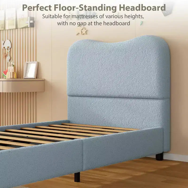 Cadre de lit en tissu avec tête de lit rembourrée, doux et robuste, coins arrondis, durable, lattes en bois, silencieux, matelas sans sommier tapissier requis