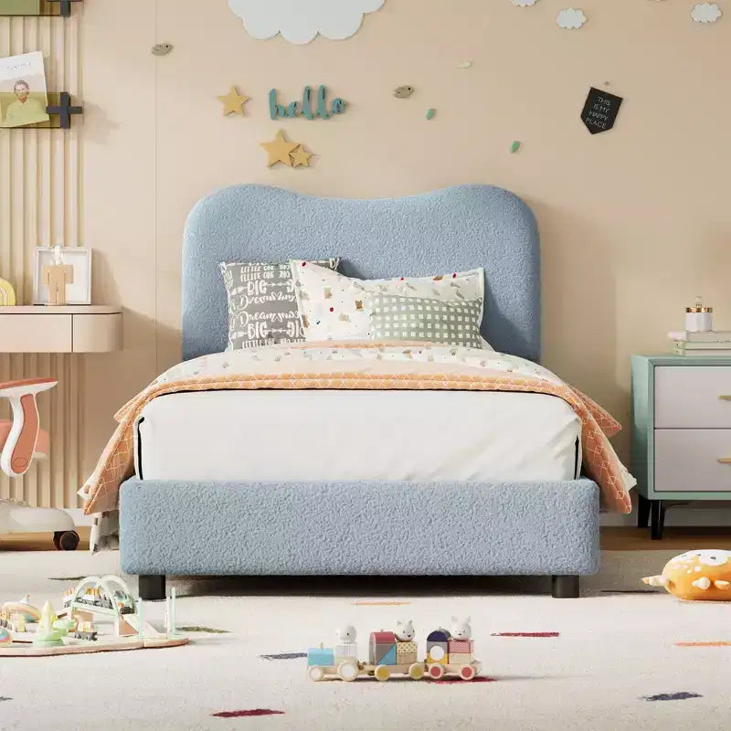 Cadre de lit en tissu avec tête de lit rembourrée, doux et robuste, coins arrondis, durable, lattes en bois, silencieux, matelas sans sommier tapissier requis