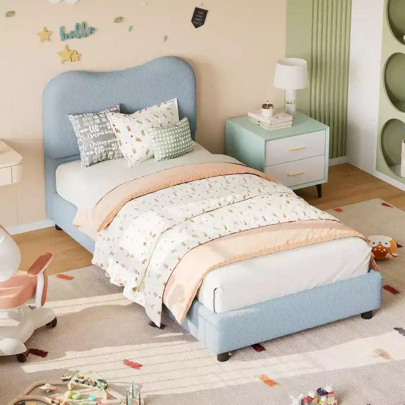 Cadre de lit en tissu avec tête de lit rembourrée, doux et robuste, coins arrondis, durable, lattes en bois, silencieux, matelas sans sommier tapissier requis