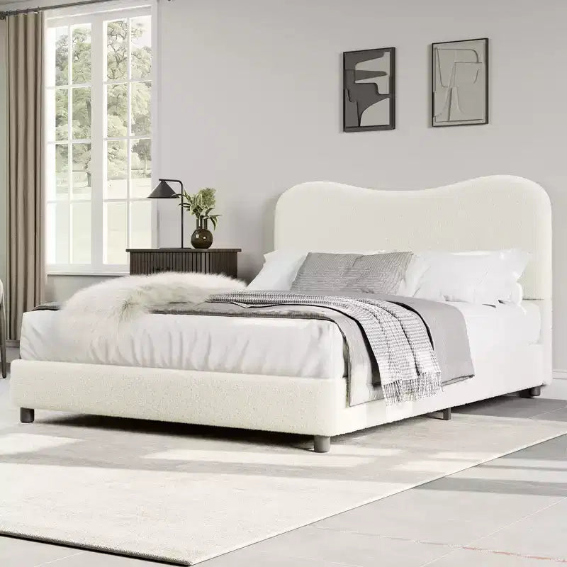 Cadre de lit en tissu avec tête de lit rembourrée, doux et robuste, coins arrondis, durable, lattes en bois, silencieux, matelas sans sommier tapissier requis