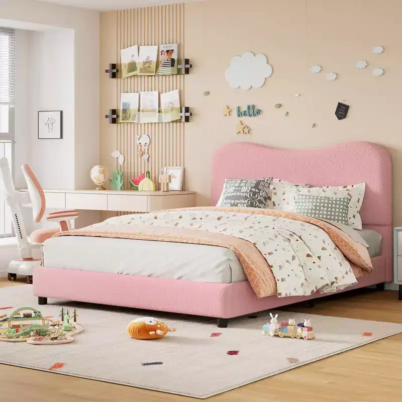 Cadre de lit en tissu avec tête de lit rembourrée, doux et robuste, coins arrondis, durable, lattes en bois, silencieux, matelas sans sommier tapissier requis