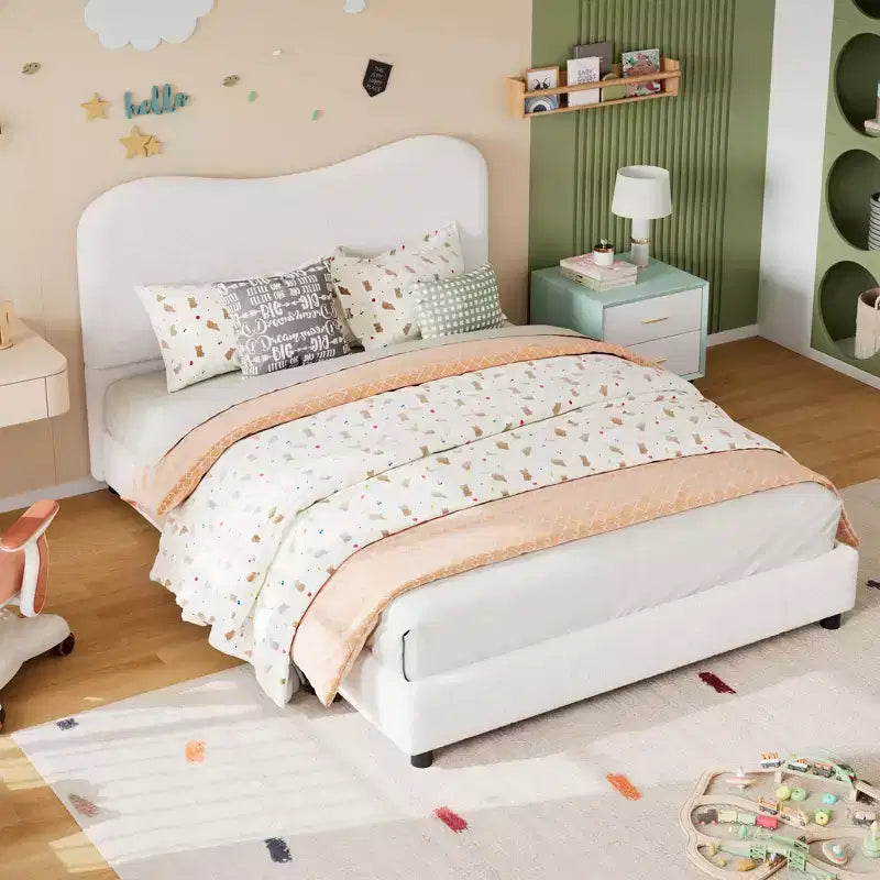 Cadre de lit en tissu avec tête de lit rembourrée, doux et robuste, coins arrondis, durable, lattes en bois, silencieux, matelas sans sommier tapissier requis