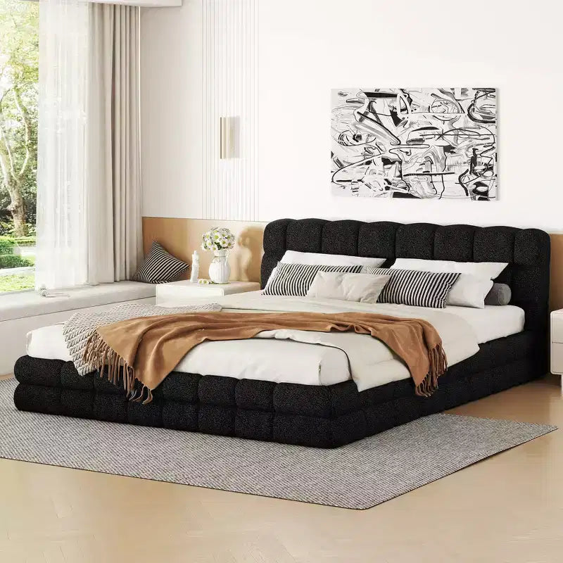 Cadre de lit plateforme rembourré Queen Size, lit bas rembourré en molleton berbère avec tête de lit capitonnée