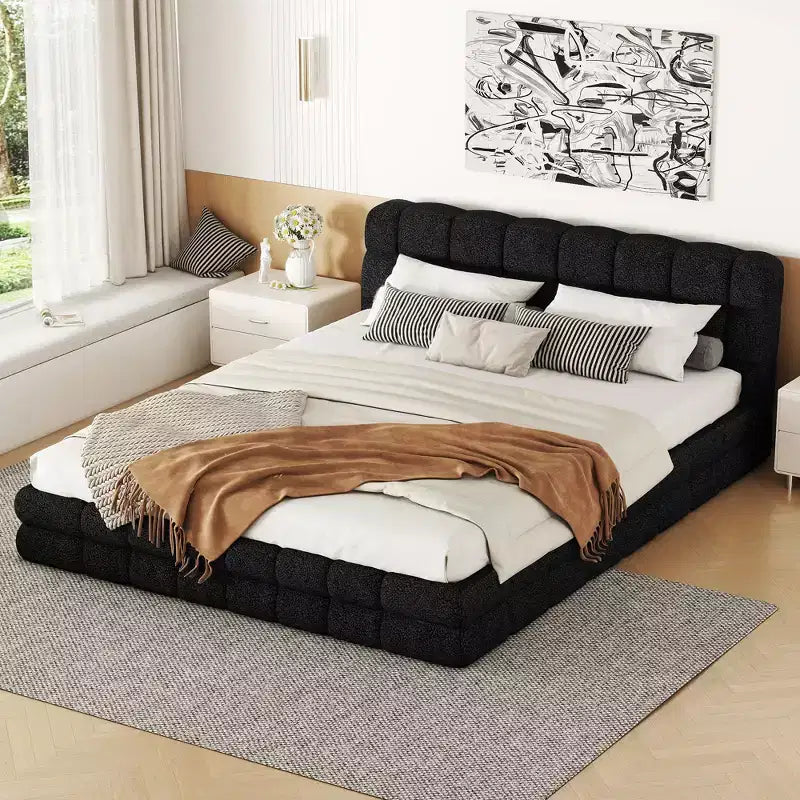 Cadre de lit plateforme rembourré Queen Size, lit bas rembourré en molleton berbère avec tête de lit capitonnée