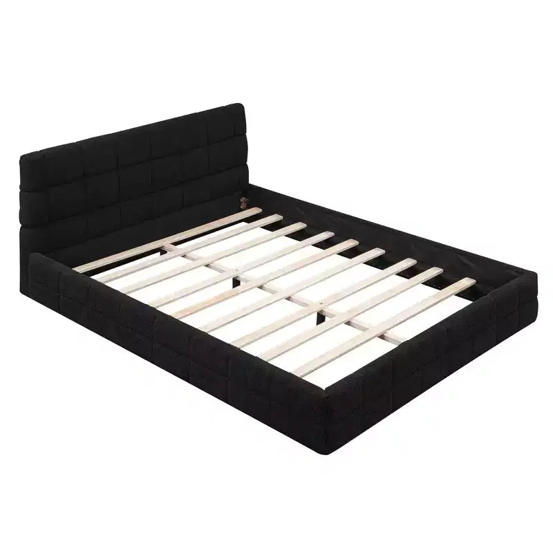 Cadre de lit plateforme rembourré Queen Size, lit bas rembourré en molleton berbère avec tête de lit capitonnée
