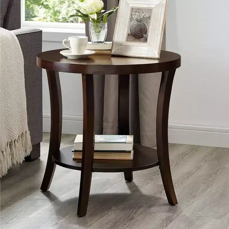 Élégante table d'appoint ronde avec pieds arqués, table d'appoint avec étagère de rangement et plateau épais, petite table pour salon, chambre à coucher