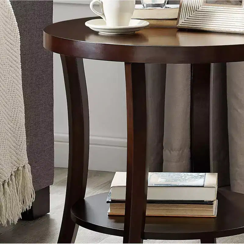 Élégante table d'appoint ronde avec pieds arqués, table d'appoint avec étagère de rangement et plateau épais, petite table pour salon, chambre à coucher