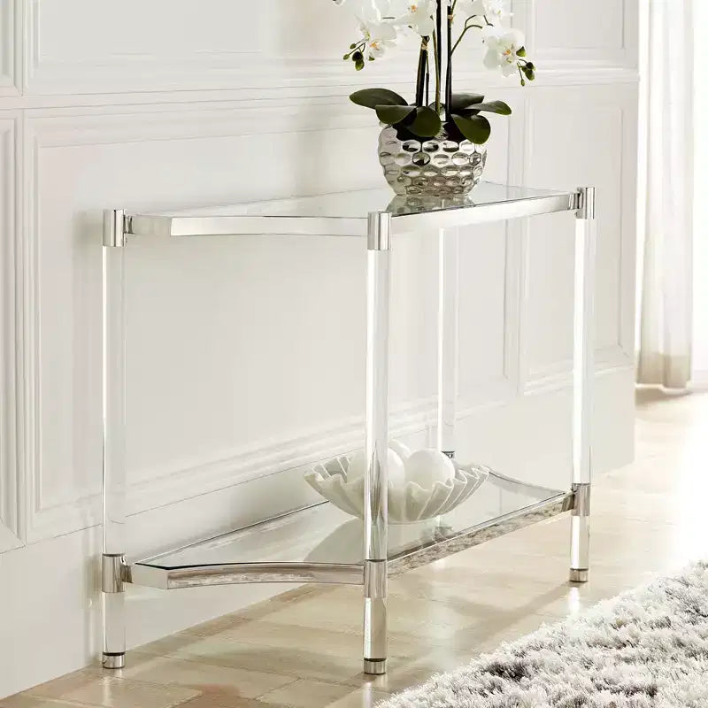 Table console rectangulaire en acrylique moderne 48 x 16 avec étagère, pieds fins transparents pour salon, chambre à coucher, chevet, entrée, maison