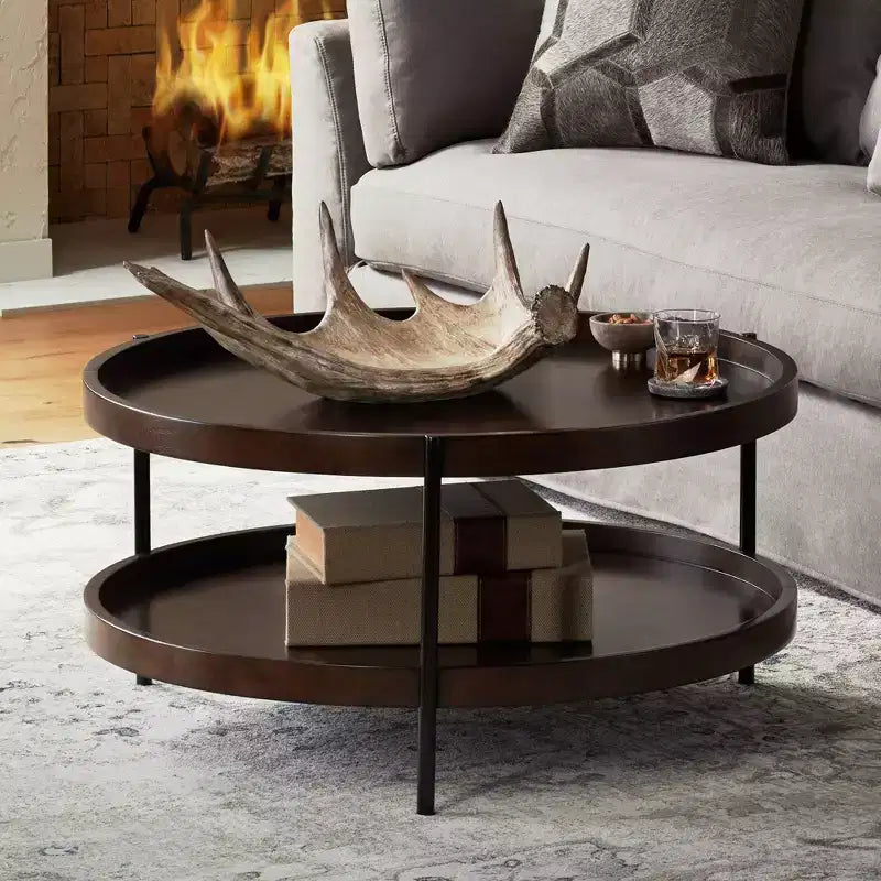 Table basse ronde minimaliste industrielle moderne en bois, 91 cm de large avec étagère inférieure, marron foncé pour salon, chambre à coucher, chevet