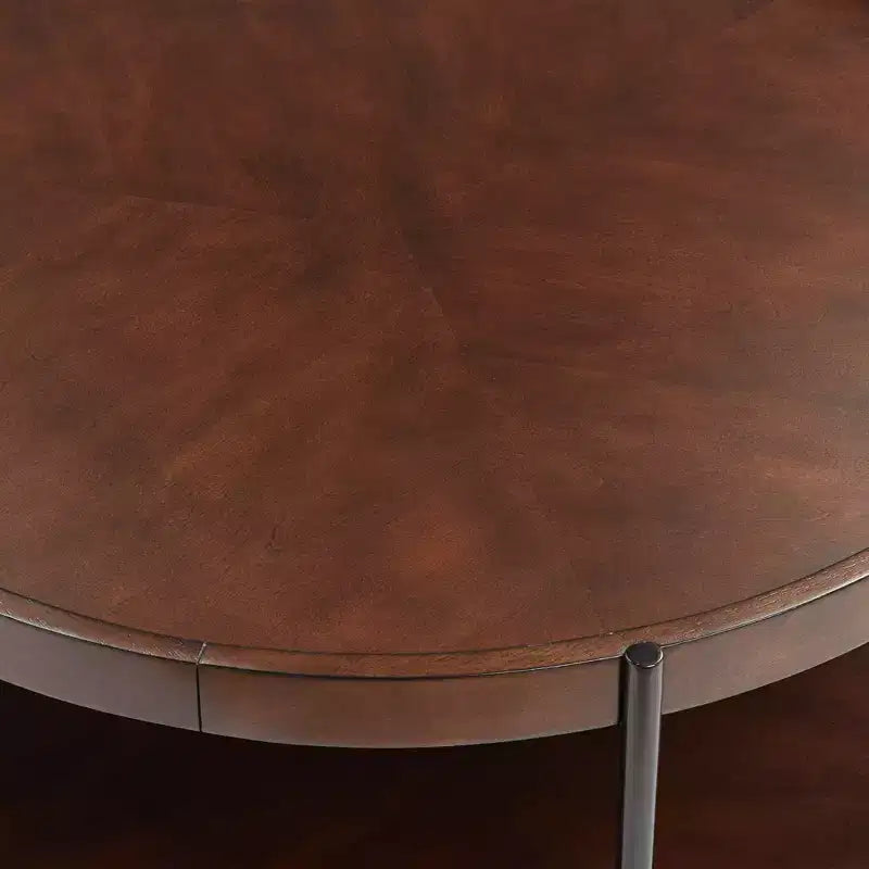 Table basse ronde minimaliste industrielle moderne en bois, 91 cm de large avec étagère inférieure, marron foncé pour salon, chambre à coucher, chevet