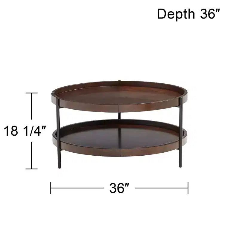 Table basse ronde minimaliste industrielle moderne en bois, 91 cm de large avec étagère inférieure, marron foncé pour salon, chambre à coucher, chevet
