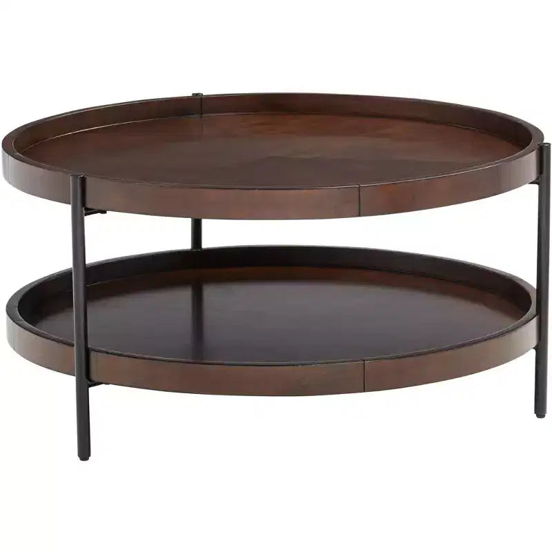 Table basse ronde minimaliste industrielle moderne en bois, 91 cm de large avec étagère inférieure, marron foncé pour salon, chambre à coucher, chevet