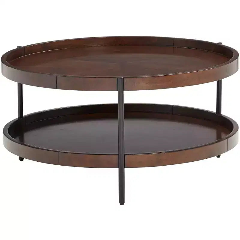 Table basse ronde minimaliste industrielle moderne en bois, 91 cm de large avec étagère inférieure, marron foncé pour salon, chambre à coucher, chevet
