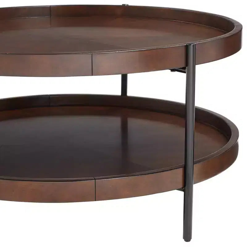 Table basse ronde minimaliste industrielle moderne en bois, 91 cm de large avec étagère inférieure, marron foncé pour salon, chambre à coucher, chevet